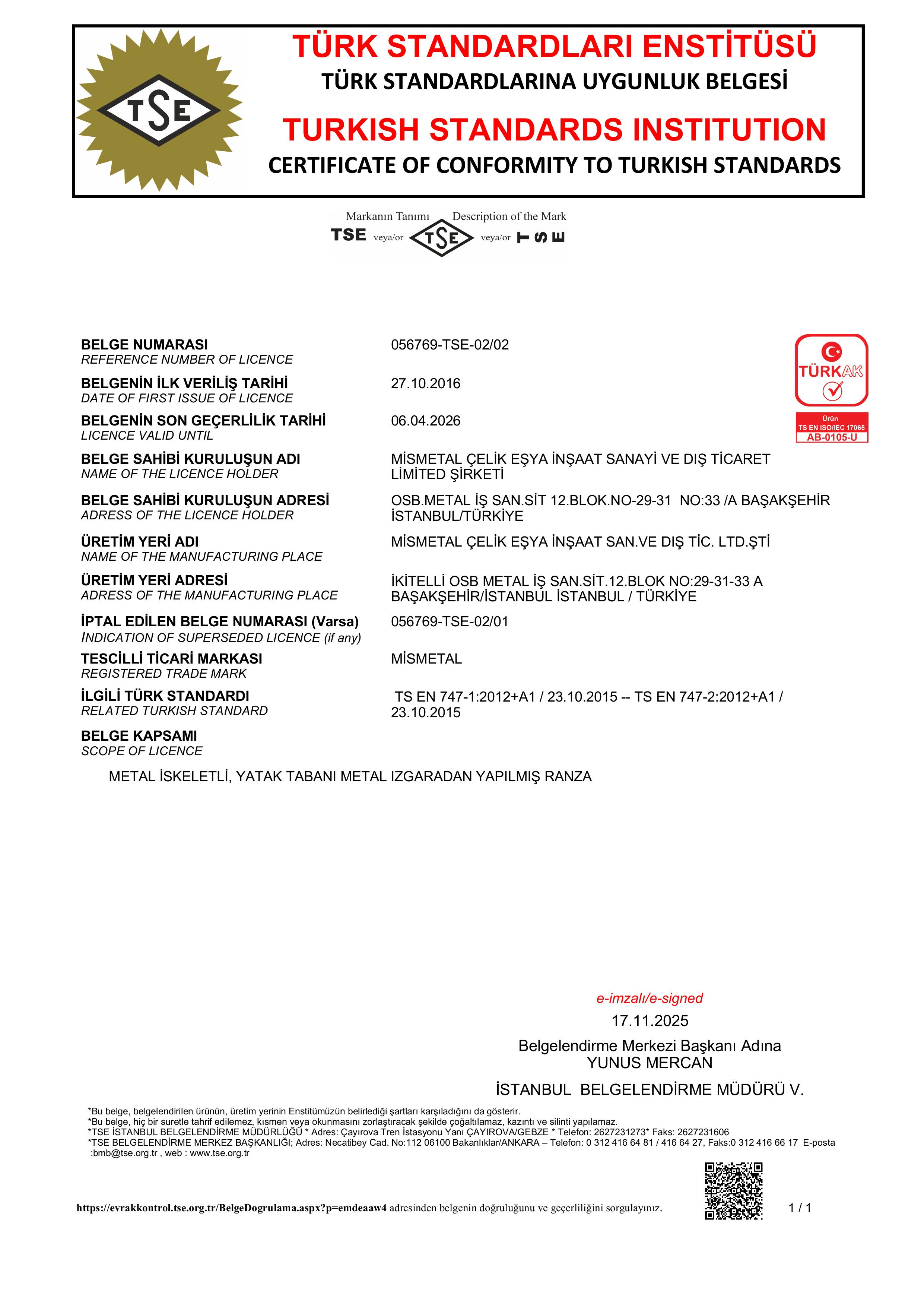 MİSMETAL TSE BELGE