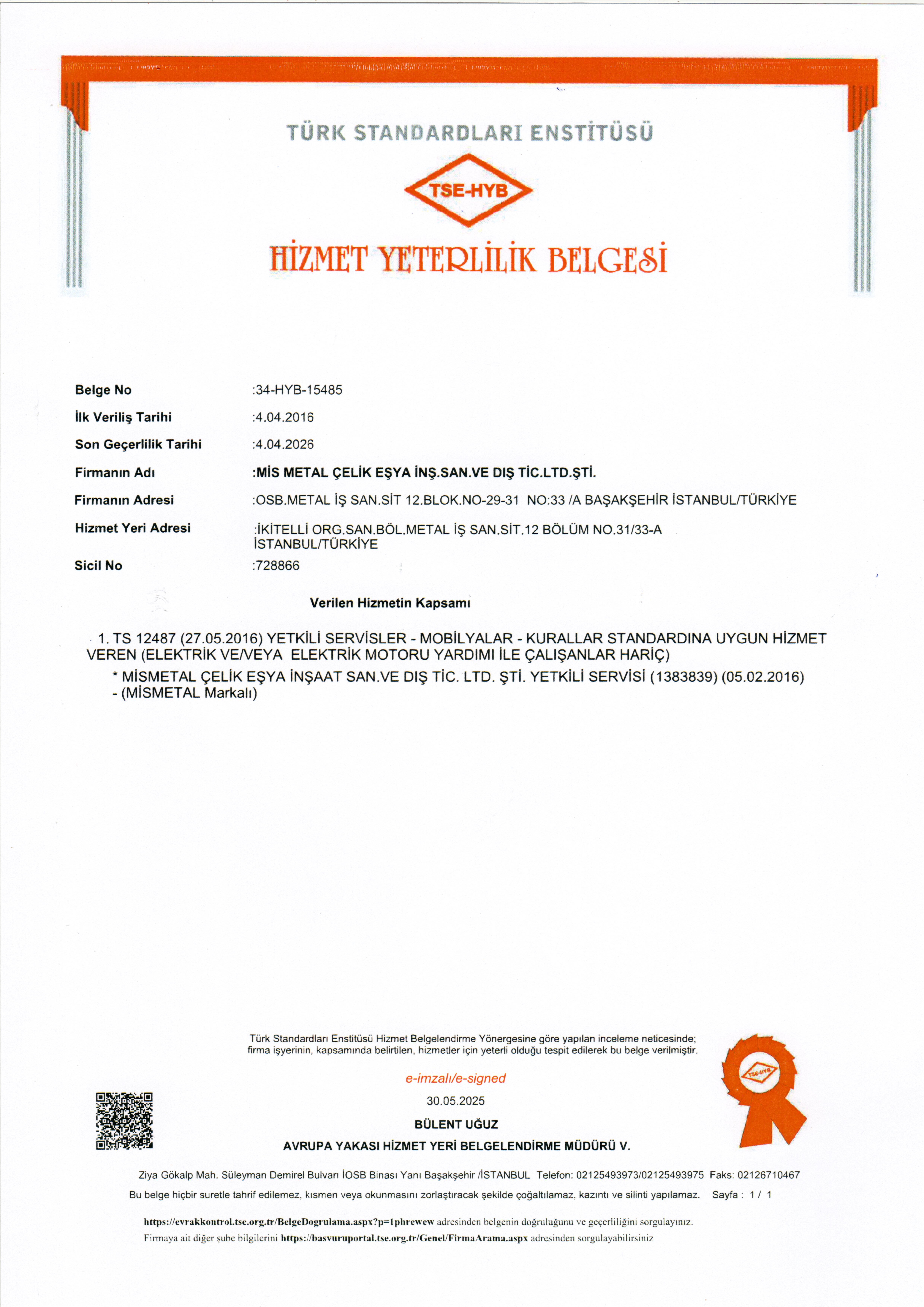 MİSMETAL Hizmet Yeterlilik Belgesi